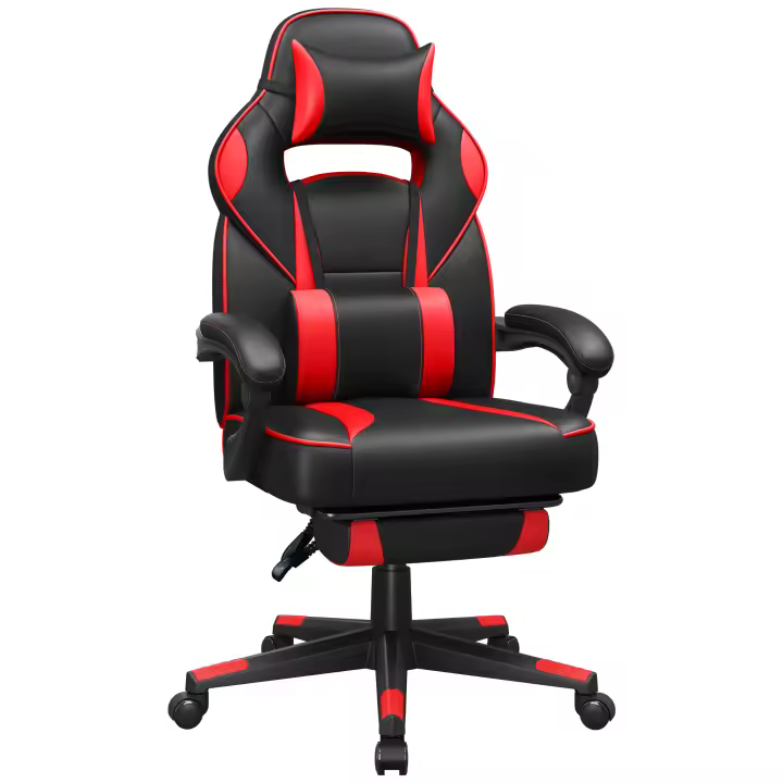 SONGMICS Sillón Gamer, Asiento de Oficina Ajustable, con reposapiés telescópico, ergonómico, Mecanismo basculante, reposacabezas, Soporte Lumbar, Carga 150 kg, Negro y Rojo/Negro Tinta/Negro de Tinta y Gris tórtola - 1