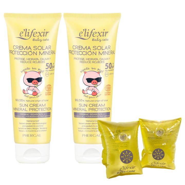 Pack Duplo Elifexir ECO Baby Care | Crema Solar Mineral Niños y Bebés 100ml x2 + Regalo Manguitos | Protector solar UVA, UVB e IR-A SPF 50+ | Filtros 100% Minerales | 99% Ingredientes naturales | Resistente al agua | Hipoalergénico