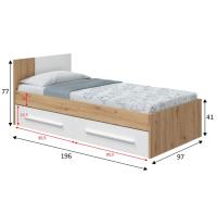 Meimon NOA Cama individual de 190x90 cm con cabezal, 2 cajones inferiores con ruedas ocultas, tiradores ABS en blanco, soportes metálicos para somier (no incluido), estructura en melamina E1, acabado en Roble Nodi y Blanco Artik - details 3