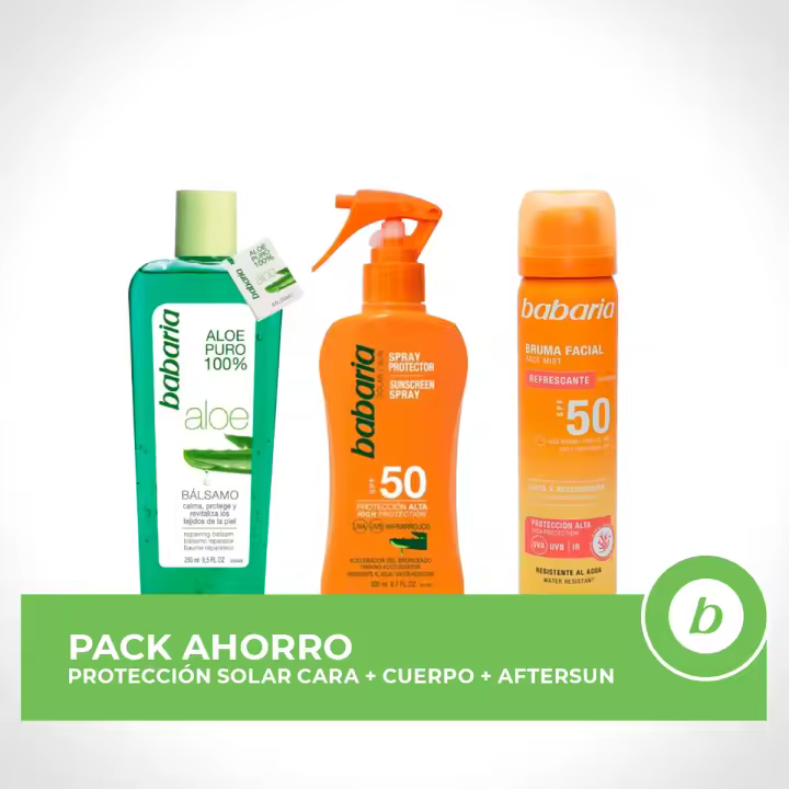 BABARIA Pack ahorro protección solar - Contiene Bruma Solar Facial 75ml + Spray Protector Aloe SPF50 200ml + Bálsamo Reparador de Aloe 250ml - 1