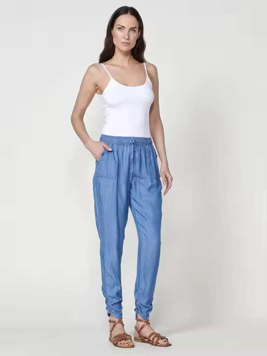 Koroshi - Pantalón jogger efecto denim de lyocell 100 % para mujer, tiro alto con cintura elástica ajustable y bajo fruncido - 1