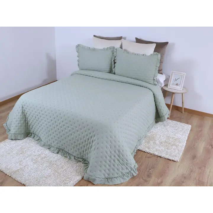 Colcha Bouti Napoli Verde con Volantes y Cojines Incluidos Miracle Home - Ligero Acolchado Ideal para Primavera y Verano, Disponible en Colores Crudo, Beige, Verde, Rosa y Gris - Medidas para Cama 90-180 cm - 1