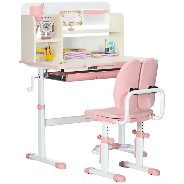 HOMCOM Juego de Escritorio y Silla para Niños de +3 Años Pupitre Infantil Altura Ajustable con 1 Cajón 1 Estante para Libros y Tablero de Mesa Inclinable 80x52x88-109 cm - 1