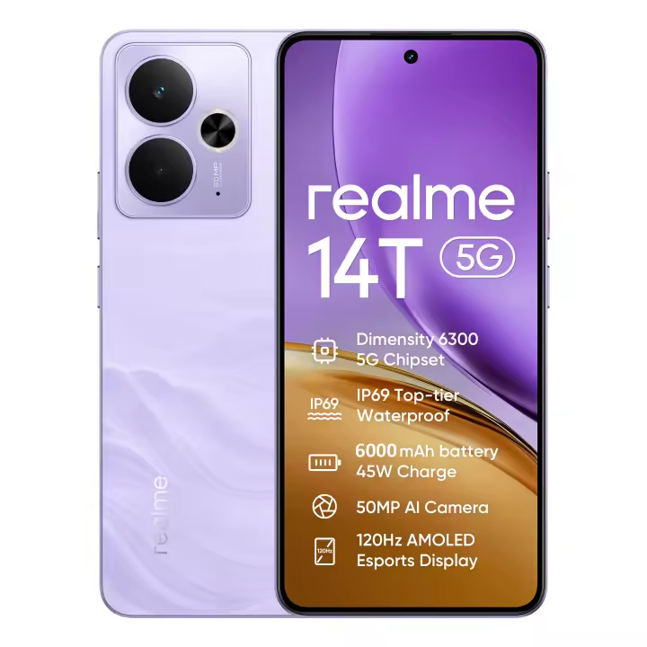Teléfono - realme 14T 5G Smartphone 8GB+256GB, Batería de 6000mAh Carga de 45W, IP69 impermeable de primer nivel, MediaTek Dimensity 6300 5G, Cámara AI de 50MP, Pantalla Esports AMOLED 120Hz - 1