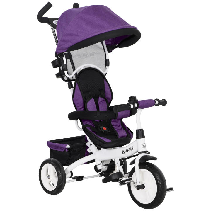 HOMCOM Triciclo Evolutivo para Bebés 6 en 1 Triciclo para Niños de 1-5 Años Bicicleta para Niños con Toldo Plegable Mango Telescópico y Desmontable Cinturón de Seguridad y Cesto 95x50x106 cm Violeta