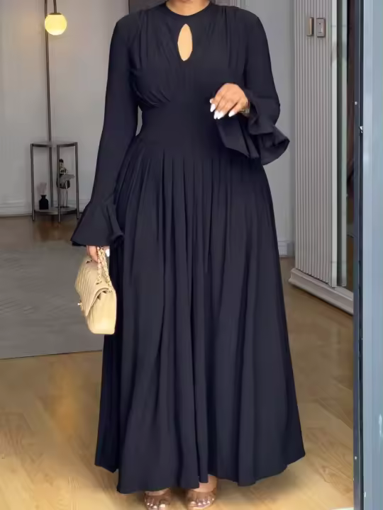 Vestido A-Line Elegante Para Mujer De Color Sólido Con Mangas Largas Y Cintura Ajustada Adecuado Para Primavera Y Otoño - 1