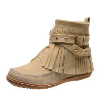 Botas De Mujer Retro Sólidas Con Flecos Y Cierre De Cremallera Botines Planos De Tacón Bajo Para Otoño Y Primavera - details 3