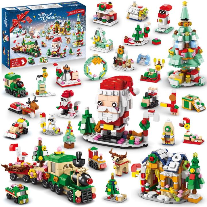 Juego de construcción de calendario de adviento navideño: juego de cuenta regresiva para 2023, 24 sorpresas coleccionables, juguetes navideños, incluye bloques de casa, tren y árbol de Papá Noel