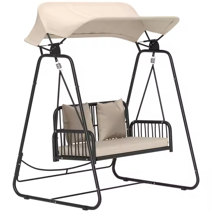 Outsunny Columpio de Jardín de 2 Plazas Balancín de Jardín Exterior con Toldo Retráctil Cojines y Estructura de Acero con Ratán PE Anti-UV para Balcón Terraza Patio Carga 240 kg 149x121x180 cm Caqui - 1