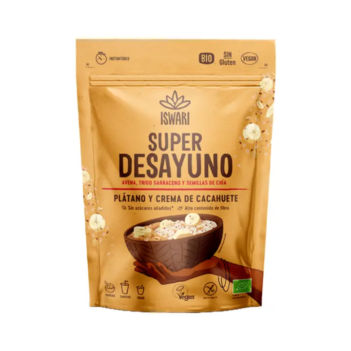 Súper Desayuno Mantequilla de Cacahuete y Plátano Vegano y Sin Gluten 360g - Iswari - 1