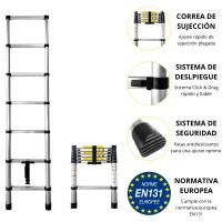 Escalera Telescópica de Aluminio Plegable y Extensible | Desde 2,0 m Hasta 4,4 m | Certificación EN131 | Escalera Multiusos Profesional y Doméstica | Ligera, Compacta y Resistente | Base Antideslizante con Cierre de Seguridad | Bricolaje o Reforma - details 0