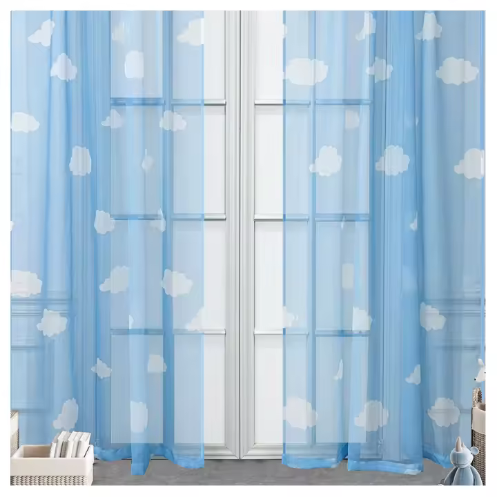 Cortinas Semitransparentes Azules Con Estampado De Nubes Para Dormitorio Y Sala De Estar Filtración De Luz Voile Decoración Para Habitación De Niños - 1