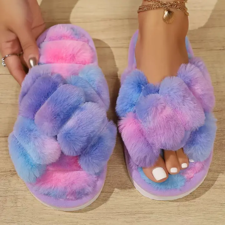 Zapatillas De Interior Para Mujer Con Estilo Cruzado Y Peluche Antideslizantes Cómodas Para Todas Las Estaciones Talla Verdadera - 1