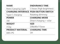 Lámpara De Camping Recargable USB Portátil Con Carga Solar 3000-5000K Dimmer Sin Etapas Luz Para Tents Material ABS Fuente De Luz LED - details 7