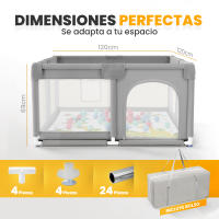 JUPPLIES Parque Infantil Bebe 120x120cm + Alfombra Bebe + 50 Bolas + Agarraderas + Bolsas de Transporte – Corralito Bebe con Malla Transpirable – Parque de Juegos Bebe – Playpen Bebe - Gris - details 1
