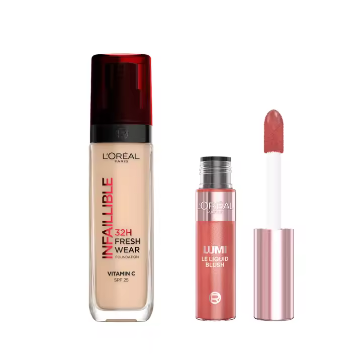 L'Oréal Paris | Lumi Glotion blush fórmula iluminadora tono Coral Glow + Base de Maquillaje Infaillible 32H Freshwear tono 132 SPF25 - 30ml - 1