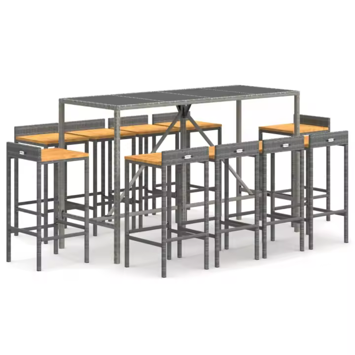 vidaXL Mesa y taburetes altos jardín 11 pzas madera y ratán PE gris - 1
