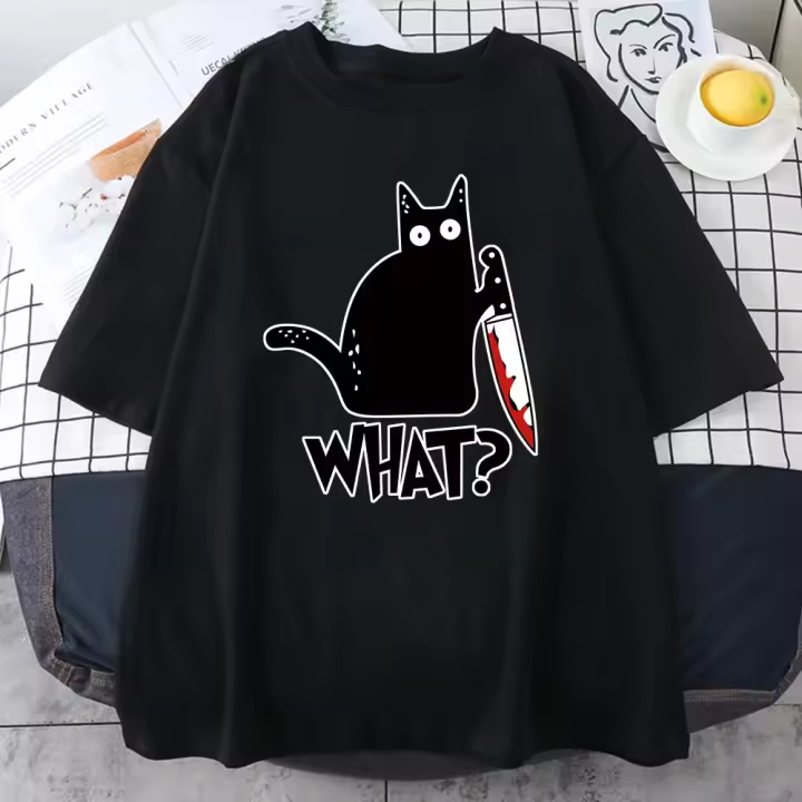 Camiseta De Algodón Para Hombre Killer Black Cat Con Impresión Creativa Y Humor Corta Manga Oversized Vintage Para Todo El Año - 1