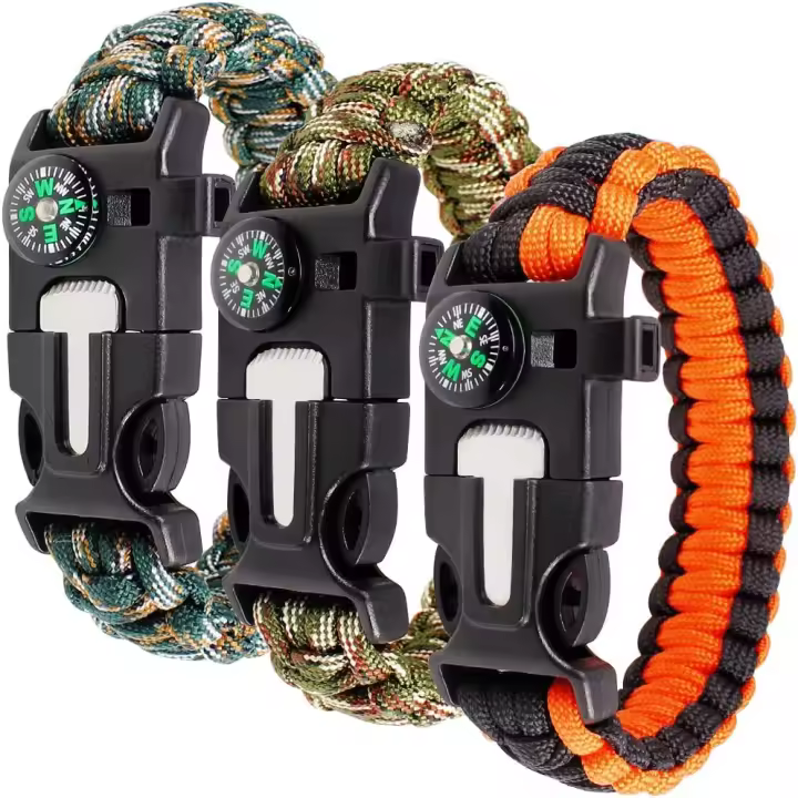 Kit de pulsera Paracord Set de 3 para supervivencia al aire libre-Kit de equipo de supervivencia con brújula incorporada, arrancador de fuego, cuchillo de emergencia y silbato. - 1
