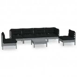 VIDAXL set de muebles de jardín de 7 piezas de madera de pino gris con cojines de color antracita - 1