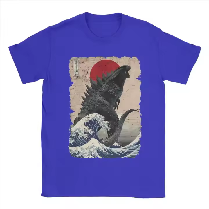Camiseta De Manga Corta Con Diseño Único De Godzillade La Gran Onda Japonesa Para Hombres Cuello Redondo Algodón Puro Ropa Gráfica Verano Tallas S-5XL - 1
