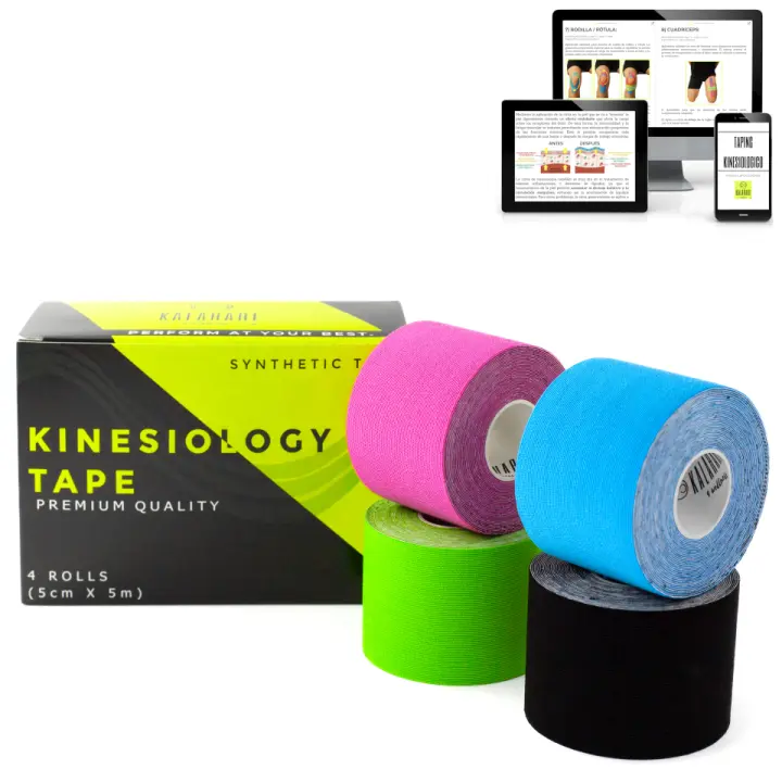 KALAHARI 4 X Rollos Cinta Kinesiologica Profesional más E-Book Manual Aplicación en Español - Kinesiology Tape para una mejor o adhesión y Resistencia al Agua y Sudor - Kinesio Taping (5cm x 5m) - 1