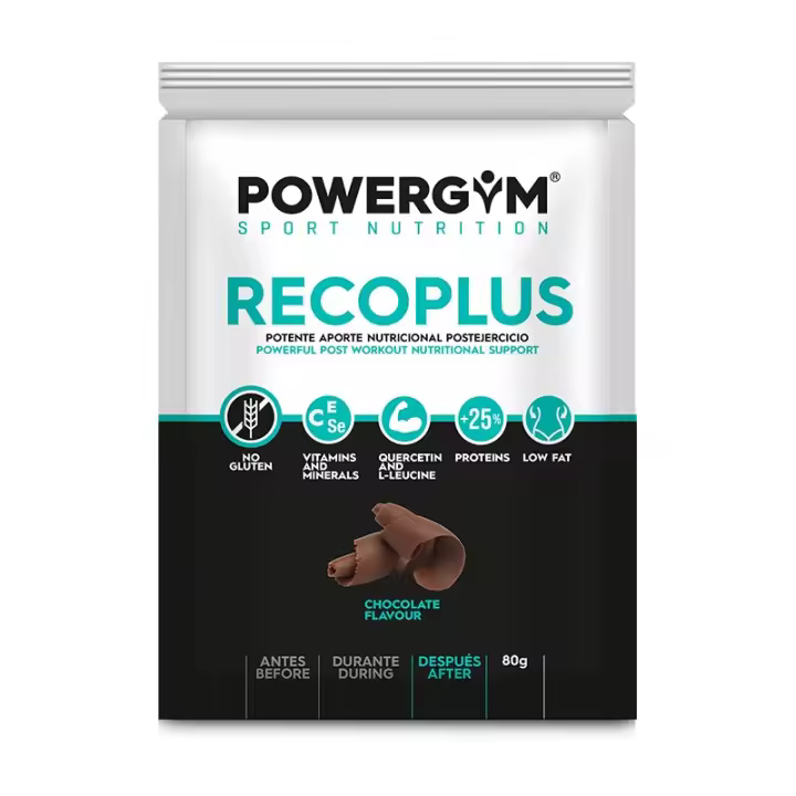 POWERGYM PACK DE 5 -  RECOPLUS 80 g Sabor CHOCOLATE Suplemento Recuperador Postejercicio – Recuperador completo con hidratos de carbono, proteínas, aminoácidos, vitaminas y minerales - 1