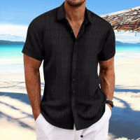 Camisa Casual De Hombre De Algodón Y Lino Con Rayas Jacquard Verano Cómoda Corta Color Sólido Moda Cierre Único Estilo Turn-down Collar - details 4