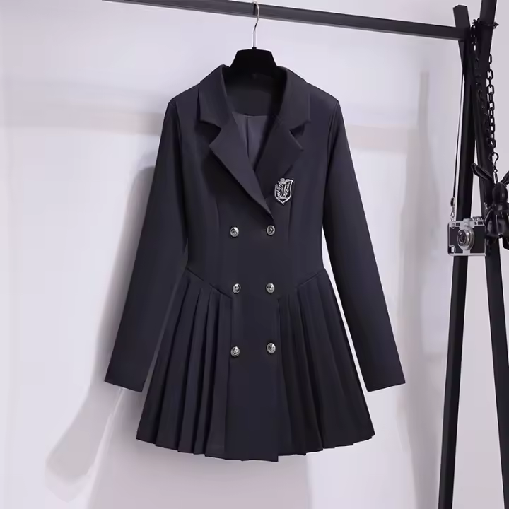 Vestido De Moda Coreana Para Mujer Traje Estudiante Cuello Alto Cintura Alta Plisado Botones Dobles Negro Otoño Ropa De Mujer - 1
