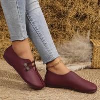 Women's comfortable round toe soft bottom flat shoes, buckle decoration, solid color, casual and breathable, easy to put on and take off, slip-on design - details 5