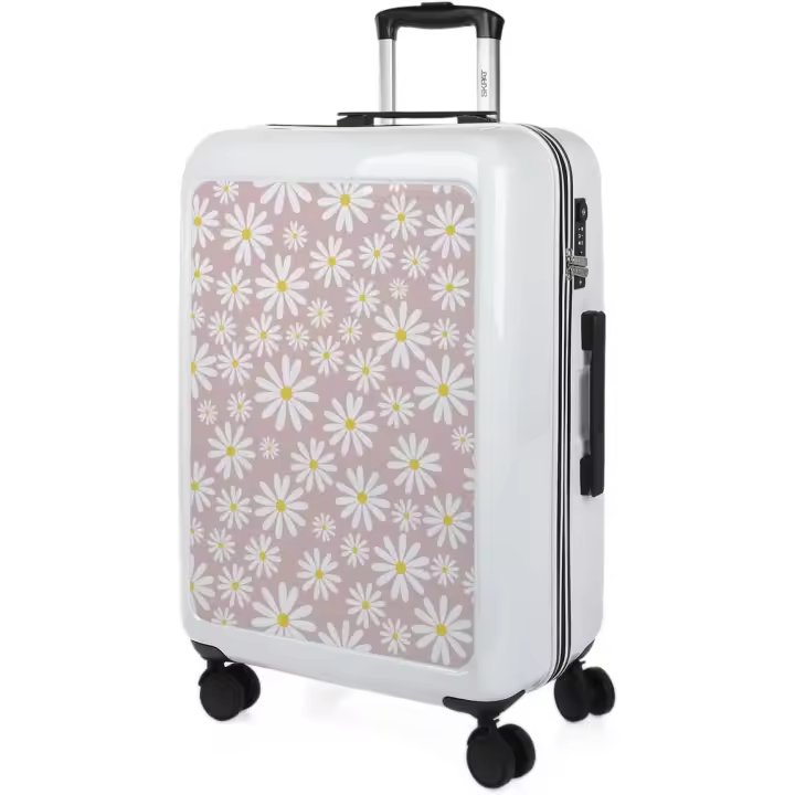 Maleta de Viaje Mediana Blanco-Margaritas Rosa SKPAT, 4 Ruedas Dobles y Candado con Combinación - 1