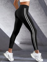 Leggings Deportivos De Ajuste Slim Para Mujer Con Rayas Lateral Alto Cintura Cómodos Para Fitness Y Uso Diario Talla Verdadera - details 1