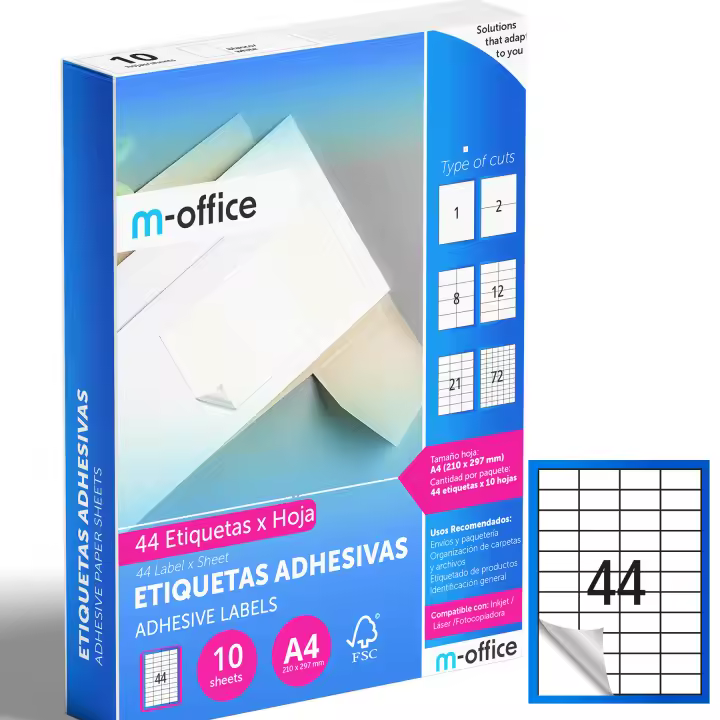 M-office Etiquetas Adhesivas A4 compatible con Label Printer, Pegatinas Blancas Adhesivas para Uso Diario, Papel Adhesivo para Imprimir, Pegatinas para Escribir (44 por hoja, 10h) - 1