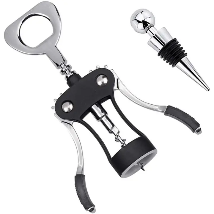 Abrebotellas multifuncional del vino del sacacorchos del ala para todas las botellas stoppery y de la tapa de la cerveza del corcho, camareros-Negro - 1