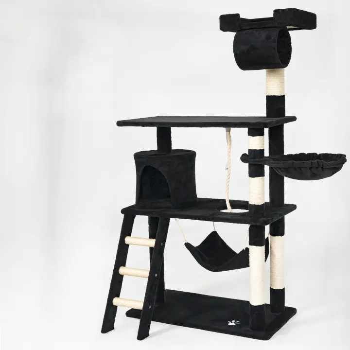 Casa Basics-Rascador para gatos PILLI, Altura: 141 cm, Árbol con Plataformas y Accesorios para Jugar y Descansar - Beige/Negro/Gris/Burdeos - 1