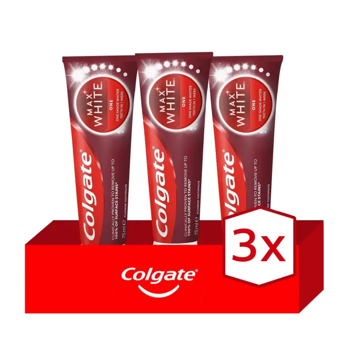 Pasta de dientes blanqueadora Colgate Max White One 75ml Pack de 3 | Blanquea Tus Dientes hasta 1 Tono en 1 Semana. Sonrisa más blanca, frescura asegurada. - 1