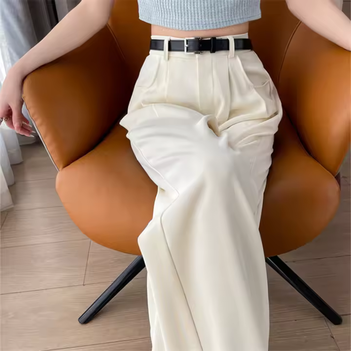 Pantalones Anchos De Pierna Con Cinturón Para Mujer Cintura Alta Elegante Minimalista Sueltos Ajustables Para Todas Las Estaciones - 1