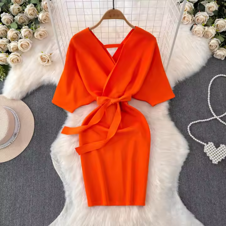 YuooMuoo Vestido De Suéter Tejido Para Mujer Primavera Verano Corto Elegante De Manchas De Alas Negras Bodycon Estilo Callejero Vestido Bandage - 1