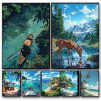 Pintura En Lienzo De Paisaje Veraniego Anime Para Bar Decoración De Pared Azul De Cabina Playa Bosque Estilo Moderno Para Sala - details 1