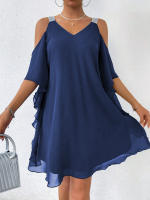 Vestido De Verano Para Mujer 2025 Elegante Con Cuello En V Y Manga Corta Vestido De Chiffon A-Line De Rodilla Casual - details 0