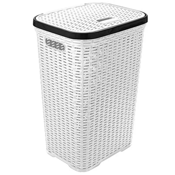 Tradineur - Cesto para ropa sucia con tapa y asas, pongotodo rattan de plástico, cubo para colada, imitación de mimbre, fabricado en España (Blanco con aro antracita, 60 litros, 62 x 43 x 34 cm) - 1