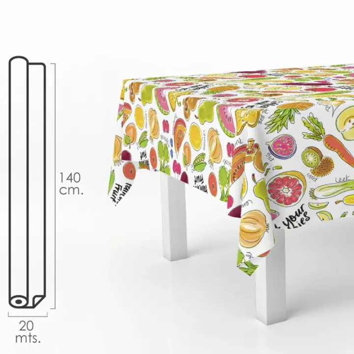 Mantel hule rectangular frutas fantasia. impermeable antimanchas pvc 140 cm. x 20 metros. rollo recortable. interior y exterior - 1
