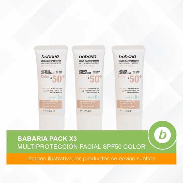 Babaria Pack 3x Multiprotección Facial SPF50 Color: Crema Solar Facial Antiedad y Antimanchas con Textura Ligera para una Protección Completa - 1