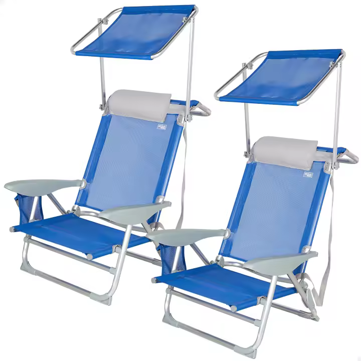 Pack 2 sillas de playa 4 posiciones c/parasol, cojín y bolsillo azul Aktive - 1