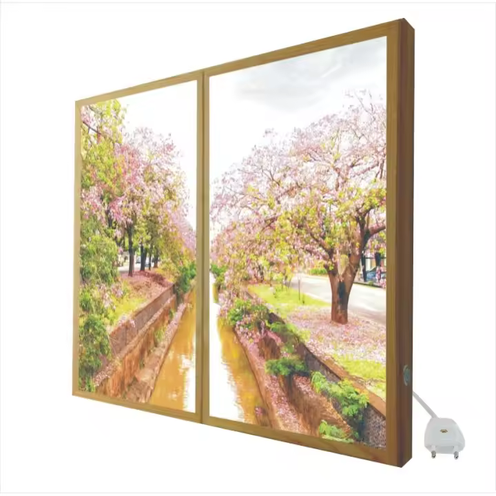 Ventana Falsa Retroiluminada con Luz Frontal y Marco de Madera Natural - Arboles en Flor - Tamaño 70 X 90 Cms - 1