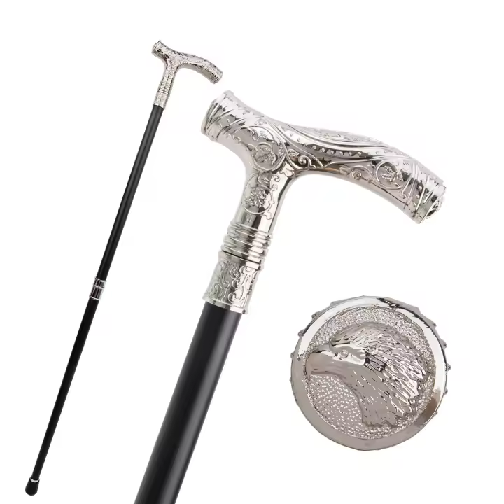 Bastón De Moda Con Relieve De Cabeza De Águila Blanca Y Flor Totem 93cm Punta De Goma Material De Eje De Acero Para Actividades Al Aire Libre - 1