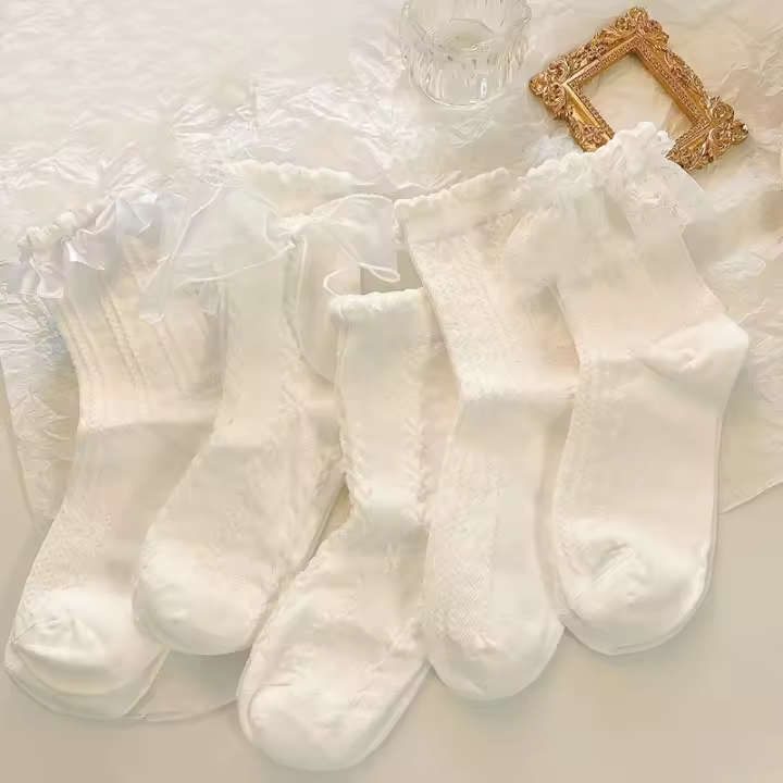 5 Pares De Calcetines Lolita Con Lazo Y Encaje Estilo Japonesa College Princesa Dulce JK Streetwear Calcetines De Algodón Delgados Para Mujer Talla Media - 1
