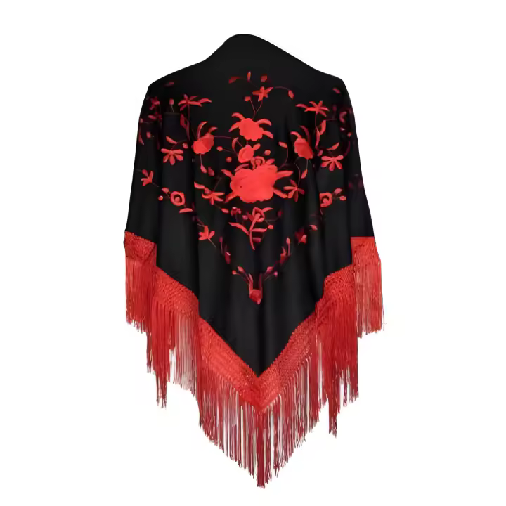 ANUKA Manton Flamenco Triangular Bordado Sedoso con Flecos y Rosas Negras - 1