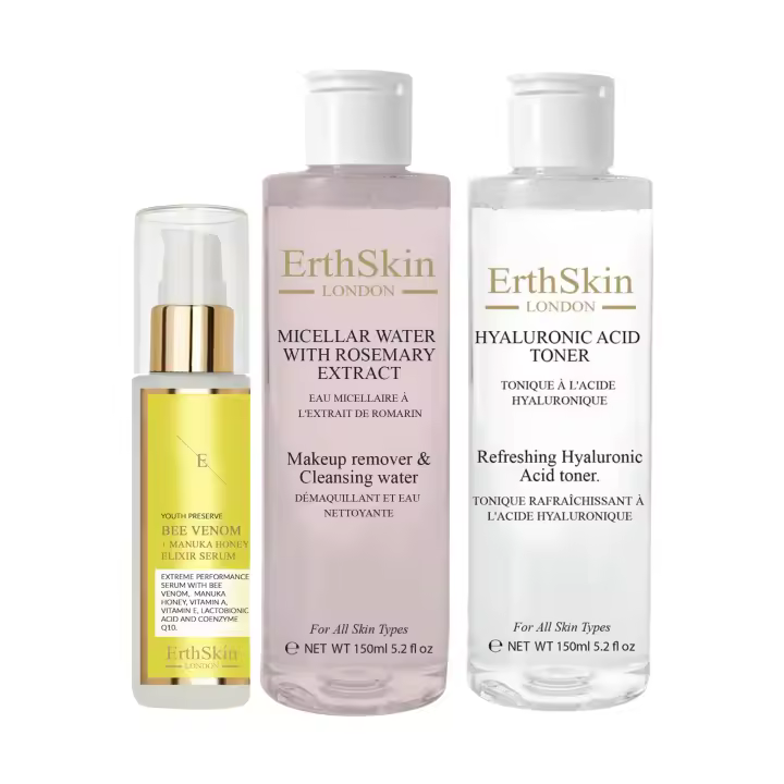 ErthSkin London Agua Micelar con Extracto de Romero 150 ml + Tónico Refrescante de Ácido Hialurónico 150 ml + Sérum Elixir de Veneno de Abeja y Miel de Manuka 60 ml - 1