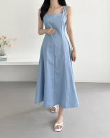 Vestido Largo De Hombros Sin Mangas Estilo Francés Vintage Para Mujer REALEFT Verano 2025 Vestido A-Line Recto Casual De Cuello Cuadrado Midi Zipper - details 4